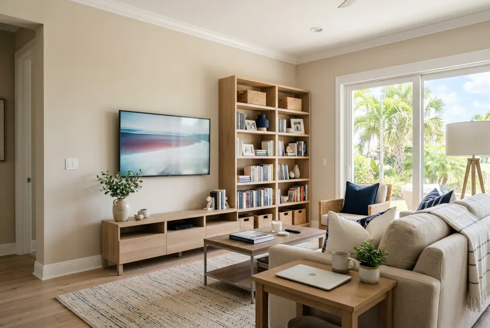 A tidy, bright living room with a wall-mounted TV and assembled bookshelf