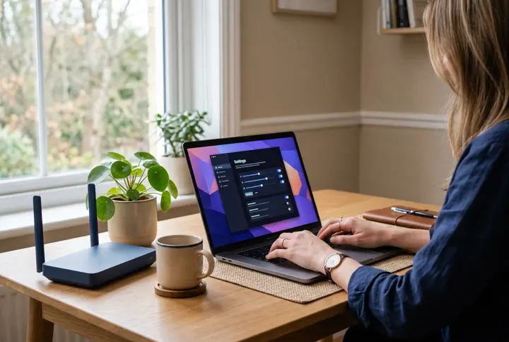 A home office desk with a laptop and Wi-Fi router
